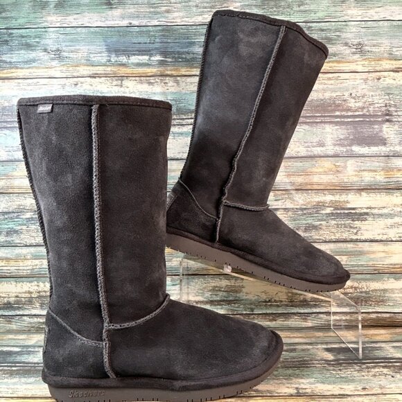 Skechers Faux Fur Mid Calf Boots Gray Suede Pull On Low Wedge Heel Womens Sz 7.5 - Picture 1 of 14